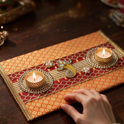Diwali Decor Tealight Platter 8x12 Inch – Handmade Brocade Zari Tray with 2 Metal Tealight Holders, Festive Home Decor, Table Centerpiece & Diwali Gift