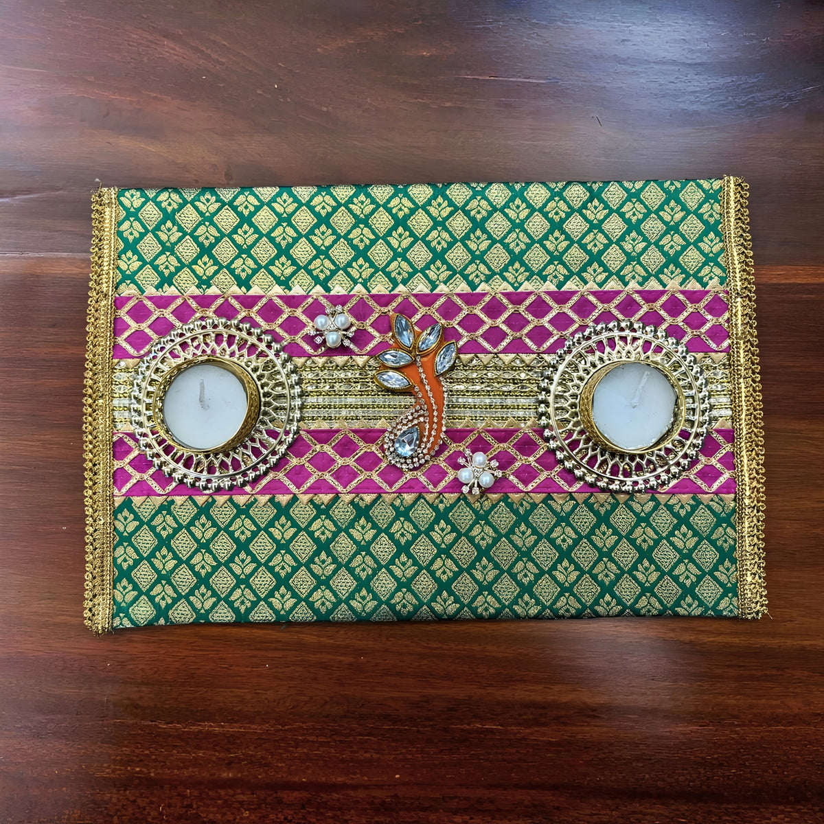 Diwali Decor Tealight Platter 8x12 Inch – Handmade Brocade Zari Tray with 2 Metal Tealight Holders, Festive Home Decor, Table Centerpiece & Diwali Gift