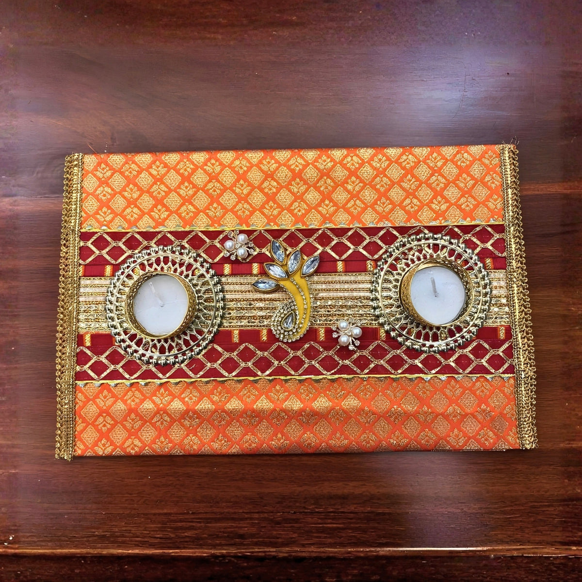 Diwali Decor Tealight Platter 8x12 Inch – Handmade Brocade Zari Tray with 2 Metal Tealight Holders, Festive Home Decor, Table Centerpiece & Diwali Gift
