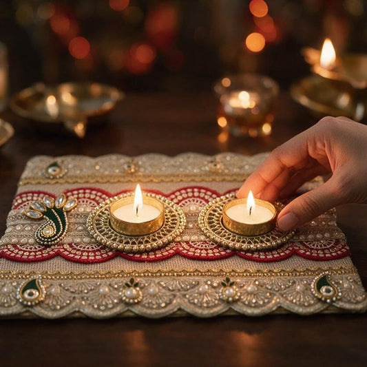 Diwali Decor Tealight Platter 8x12 Inch – Handmade Jute & Golden Lace Tray with 2 Metal Tealight Holders for Festive Home Decor, Table Centerpiece & Gifting