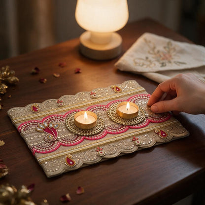 Diwali Decor Tealight Platter 8x12 Inch – Handmade Jute & Golden Lace Tray with 2 Metal Tealight Holders for Festive Home Decor, Table Centerpiece & Gifting