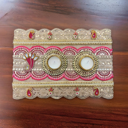 Diwali Decor Tealight Platter 8x12 Inch – Handmade Jute & Golden Lace Tray with 2 Metal Tealight Holders for Festive Home Decor, Table Centerpiece & Gifting