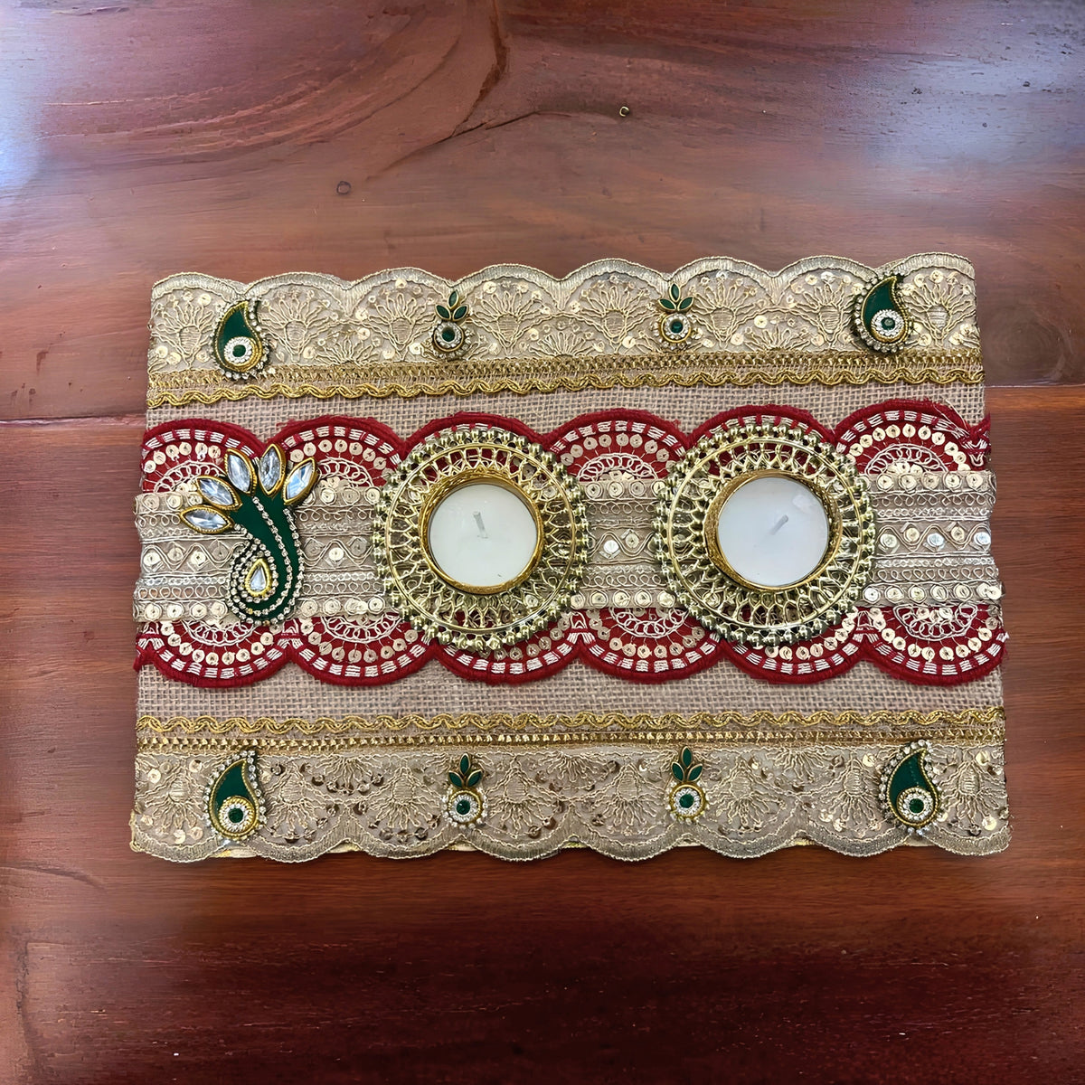 Diwali Decor Tealight Platter 8x12 Inch – Handmade Jute & Golden Lace Tray with 2 Metal Tealight Holders for Festive Home Decor, Table Centerpiece & Gifting