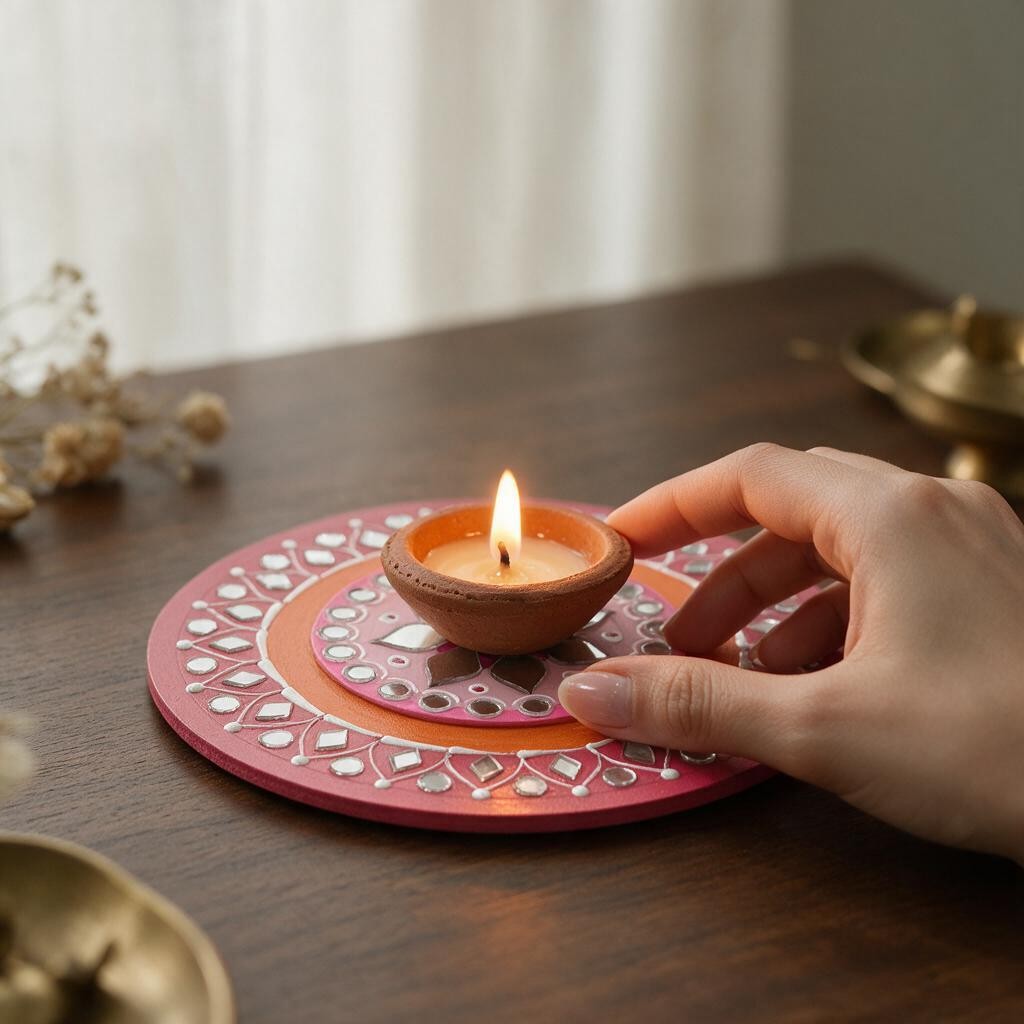 Hand-Painted 2-Layered MDF Tealight Coaster 6 Inch with Mirror Work - Diwali Decor, Diya Stand & Diwali Gift
