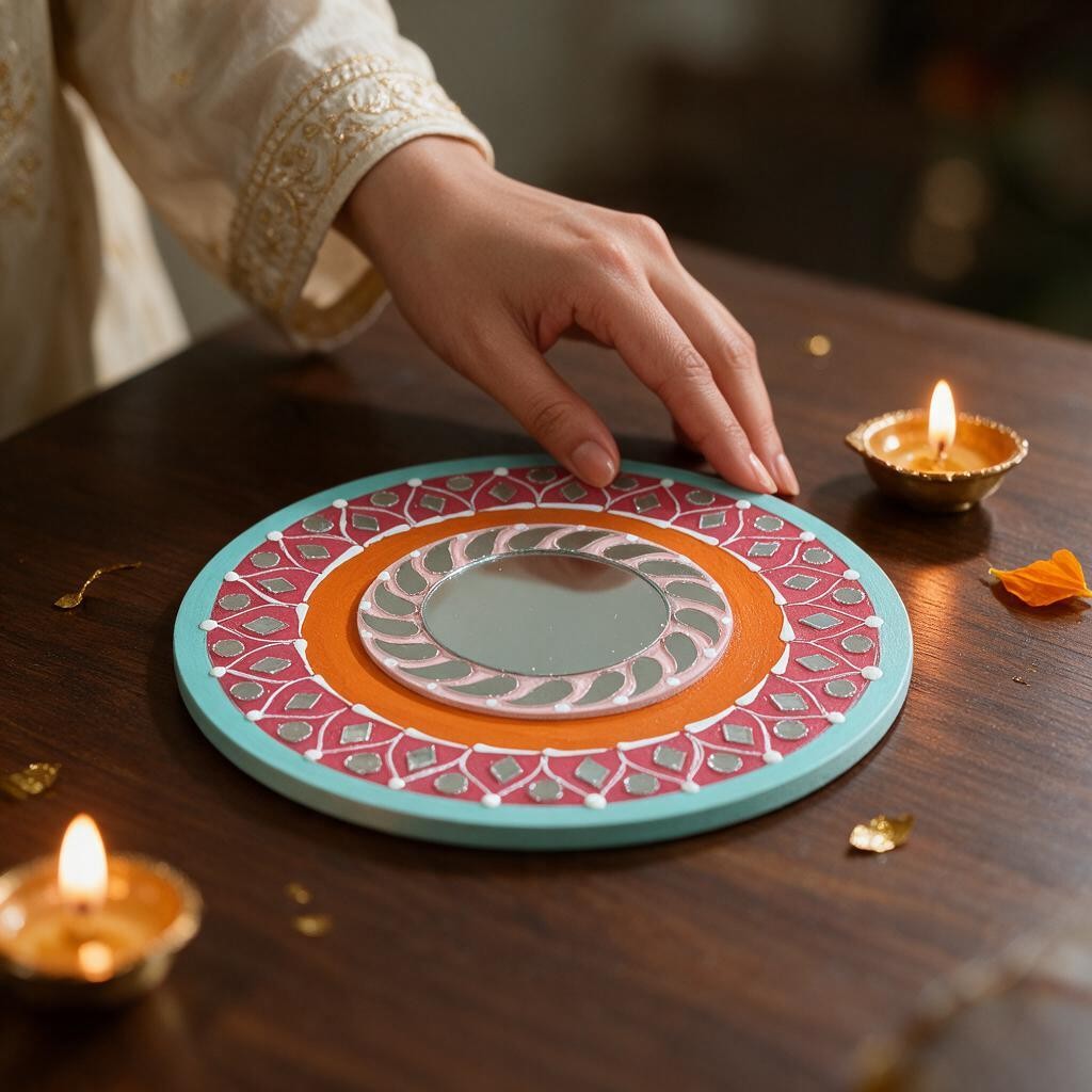 Hand-Painted 2-Layered MDF Tealight Coaster 6 Inch with Mirror Work - Diwali Decor, Diya Stand & Diwali Gift