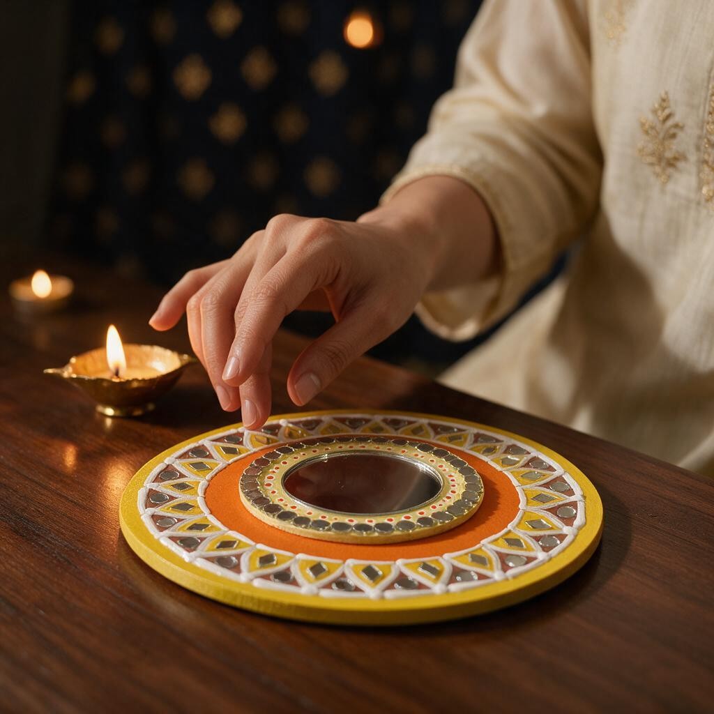 Hand-Painted 2-Layered MDF Tealight Coaster 6 Inch with Mirror Work - Diwali Decor, Diya Stand & Diwali Gift