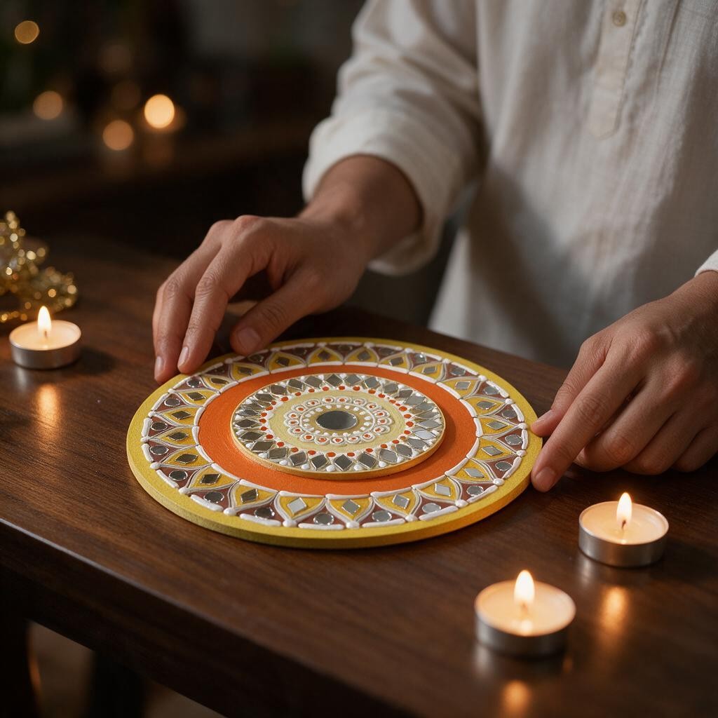 Hand-Painted 2-Layered MDF Tealight Coaster 6 Inch with Mirror Work - Diwali Decor, Diya Stand & Diwali Gift