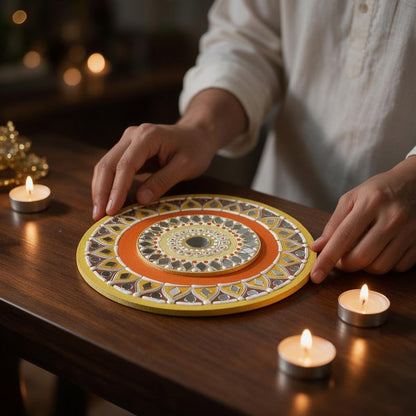 Hand-Painted 2-Layered MDF Tealight Coaster 6 Inch with Mirror Work - Diwali Decor, Diya Stand & Diwali Gift