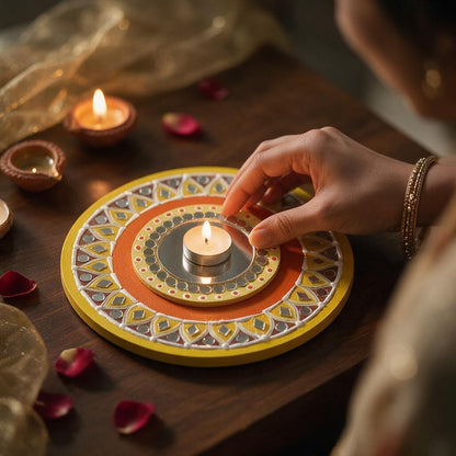 Hand-Painted 2-Layered MDF Tealight Coaster 6 Inch with Mirror Work - Diwali Decor, Diya Stand & Diwali Gift