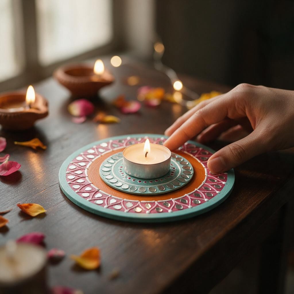 Hand-Painted 2-Layered MDF Tealight Coaster 6 Inch with Mirror Work - Diwali Decor, Diya Stand & Diwali Gift