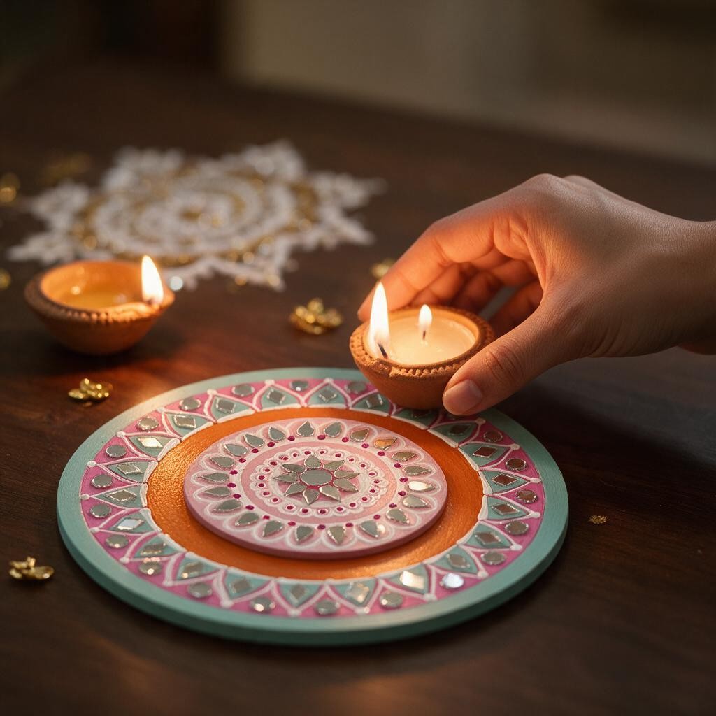 Hand-Painted 2-Layered MDF Tealight Coaster 6 Inch with Mirror Work - Diwali Decor, Diya Stand & Diwali Gift