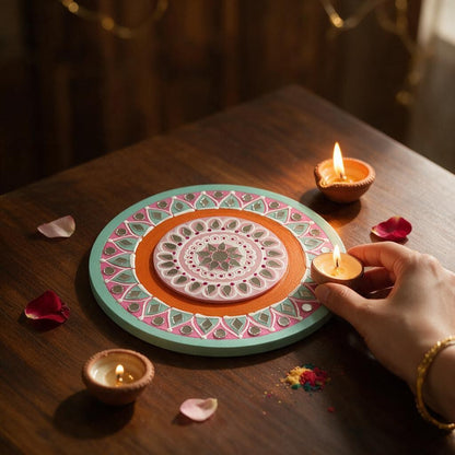 Hand-Painted 2-Layered MDF Tealight Coaster 6 Inch with Mirror Work - Diwali Decor, Diya Stand & Diwali Gift