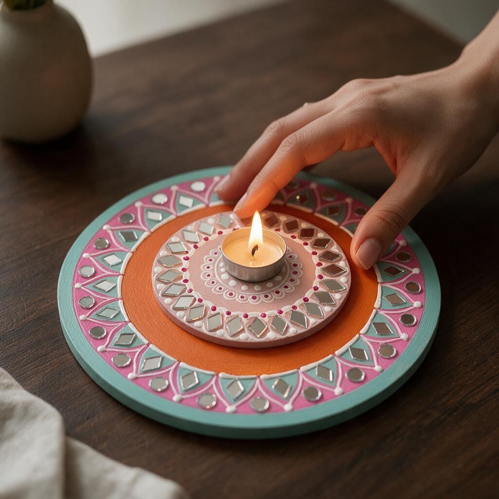 Hand-Painted 2-Layered MDF Tealight Coaster 6 Inch with Mirror Work - Diwali Decor, Diya Stand & Diwali Gift