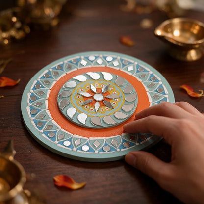 Hand-Painted 2-Layered MDF Tealight Coaster 6 Inch with Mirror Work - Diwali Decor, Diya Stand & Diwali Gift