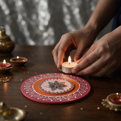 Hand-Painted 2-Layered MDF Tealight Coaster 6 Inch with Mirror Work - Diwali Decor, Diya Stand & Diwali Gift
