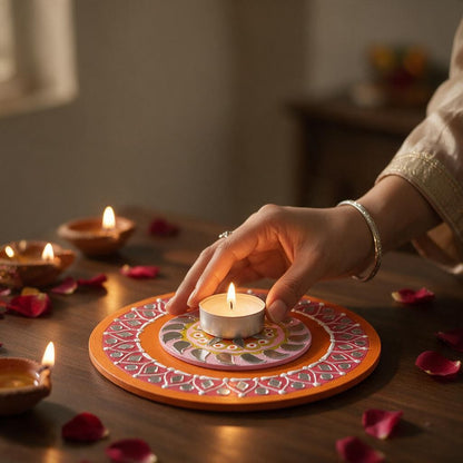 Hand-Painted 2-Layered MDF Tealight Coaster 6 Inch with Mirror Work - Diwali Decor, Diya Stand & Diwali Gift