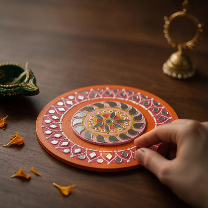 Hand-Painted 2-Layered MDF Tealight Coaster 6 Inch with Mirror Work - Diwali Decor, Diya Stand & Diwali Gift