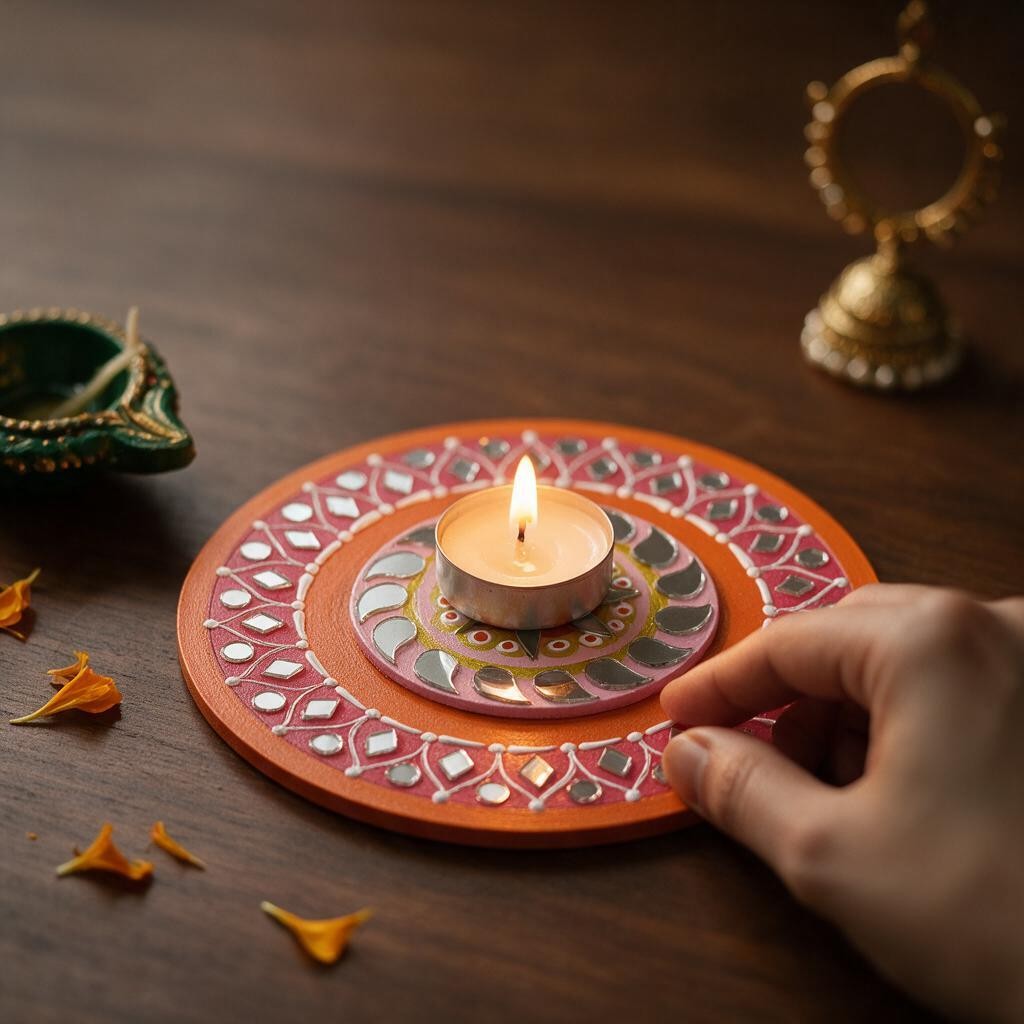 Hand-Painted 2-Layered MDF Tealight Coaster 6 Inch with Mirror Work - Diwali Decor, Diya Stand & Diwali Gift