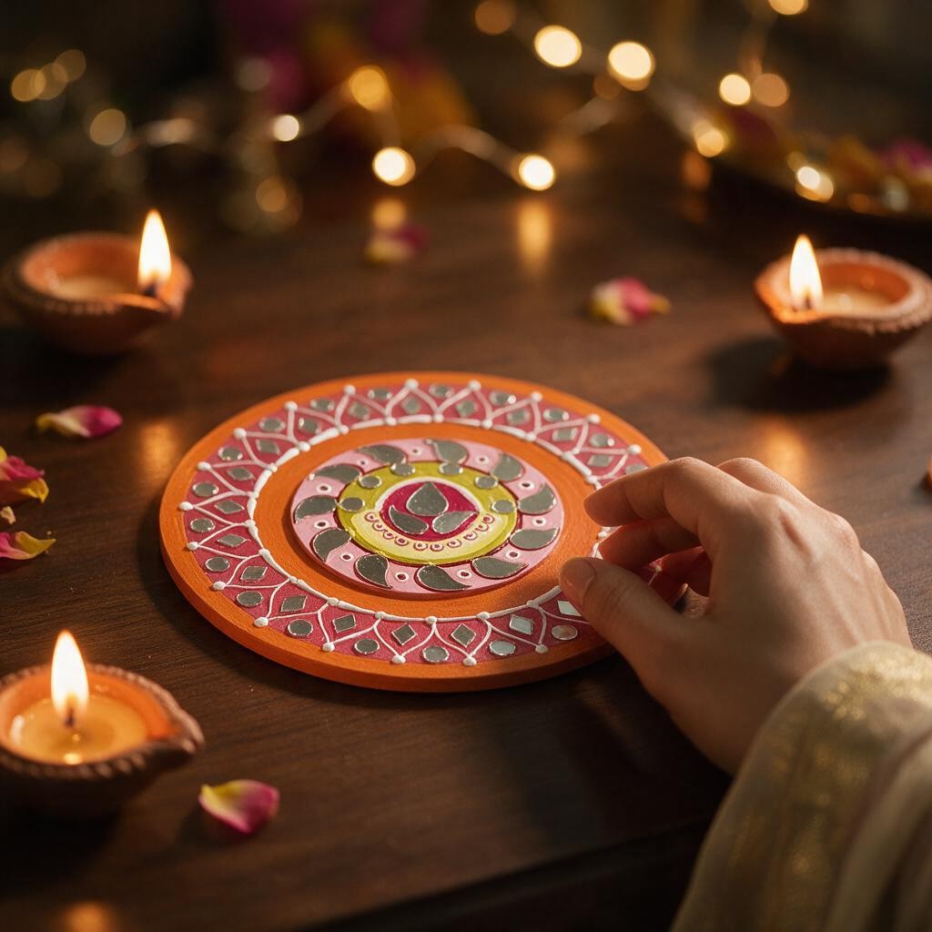 Hand-Painted 2-Layered MDF Tealight Coaster 6 Inch with Mirror Work - Diwali Decor, Diya Stand & Diwali Gift