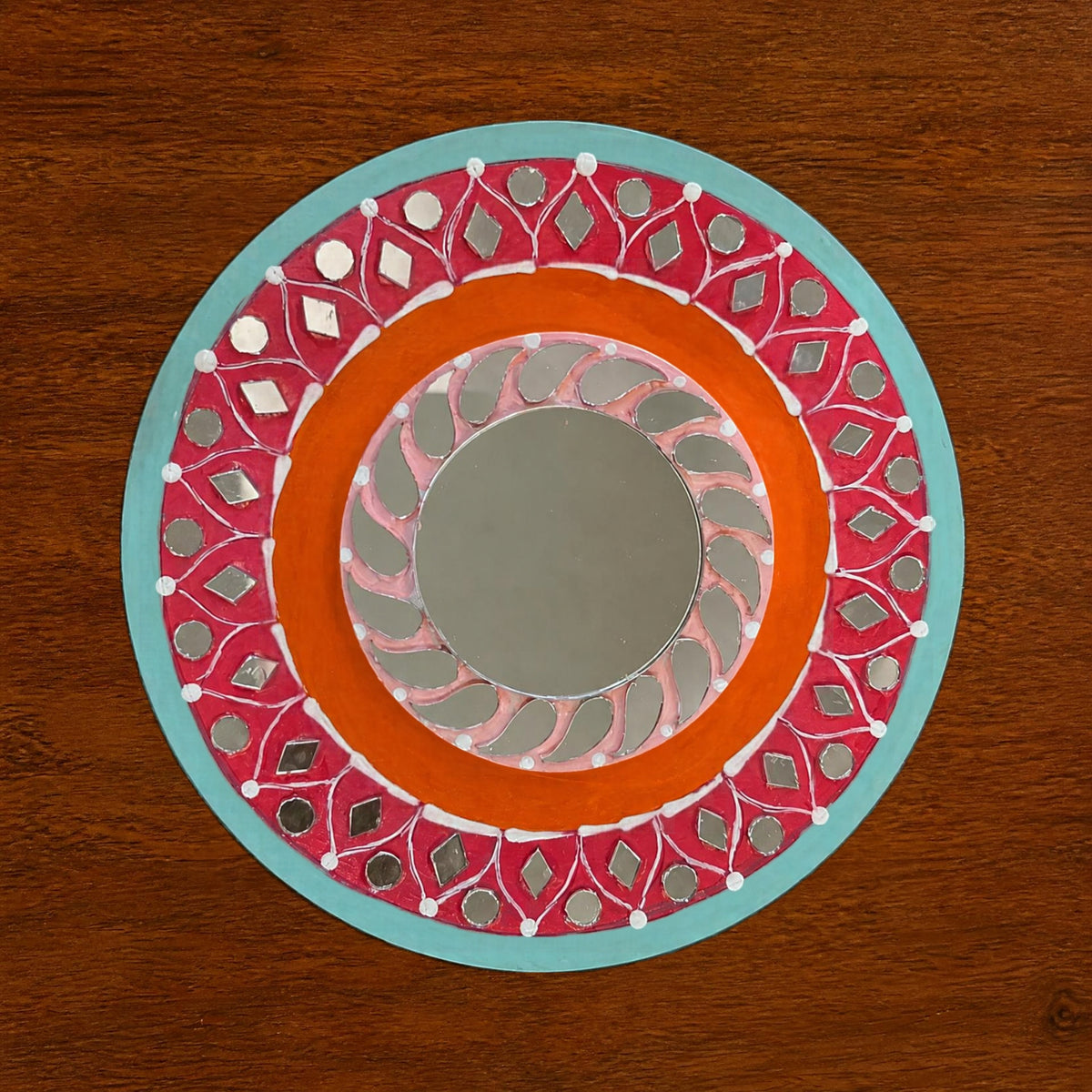 Hand-Painted 2-Layered MDF Tealight Coaster 6 Inch with Mirror Work - Diwali Decor, Diya Stand & Diwali Gift