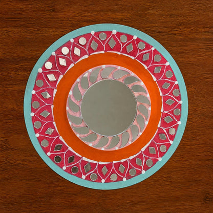 Hand-Painted 2-Layered MDF Tealight Coaster 6 Inch with Mirror Work - Diwali Decor, Diya Stand & Diwali Gift