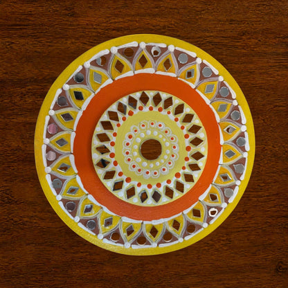 Hand-Painted 2-Layered MDF Tealight Coaster 6 Inch with Mirror Work - Diwali Decor, Diya Stand & Diwali Gift