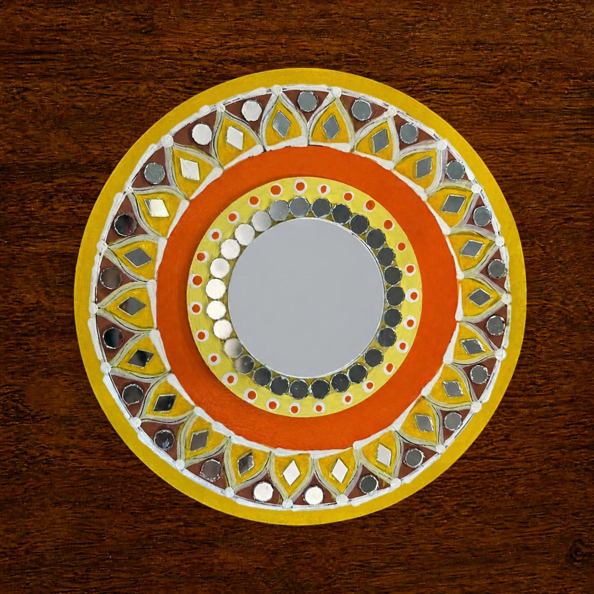 Hand-Painted 2-Layered MDF Tealight Coaster 6 Inch with Mirror Work - Diwali Decor, Diya Stand & Diwali Gift
