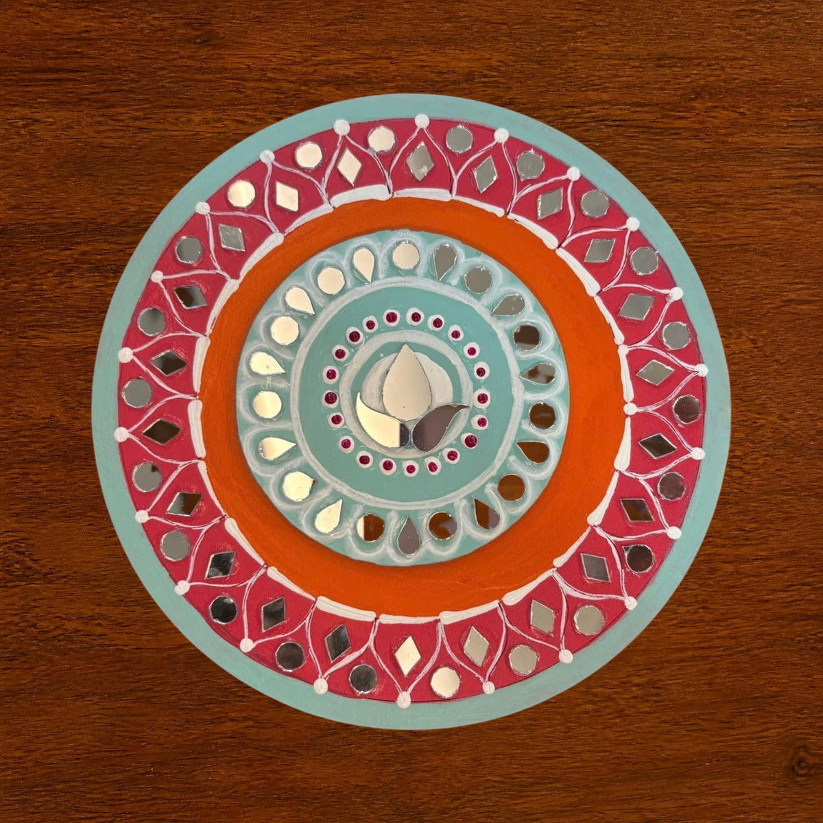 Hand-Painted 2-Layered MDF Tealight Coaster 6 Inch with Mirror Work - Diwali Decor, Diya Stand & Diwali Gift