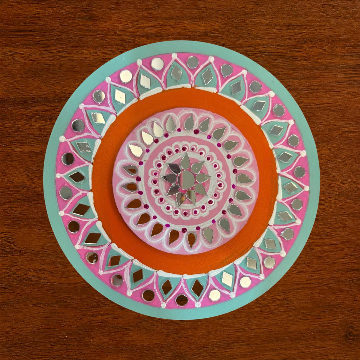 Hand-Painted 2-Layered MDF Tealight Coaster 6 Inch with Mirror Work - Diwali Decor, Diya Stand & Diwali Gift
