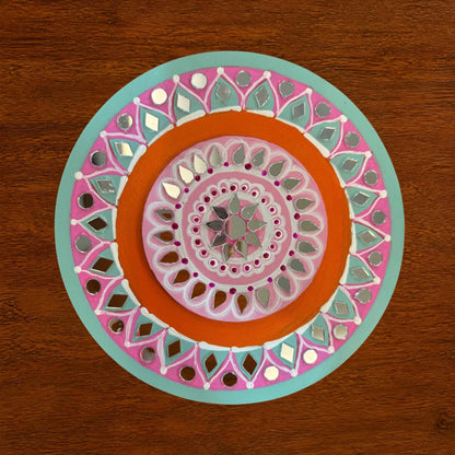 Hand-Painted 2-Layered MDF Tealight Coaster 6 Inch with Mirror Work - Diwali Decor, Diya Stand & Diwali Gift