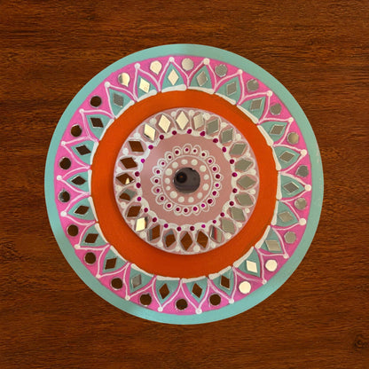 Hand-Painted 2-Layered MDF Tealight Coaster 6 Inch with Mirror Work - Diwali Decor, Diya Stand & Diwali Gift