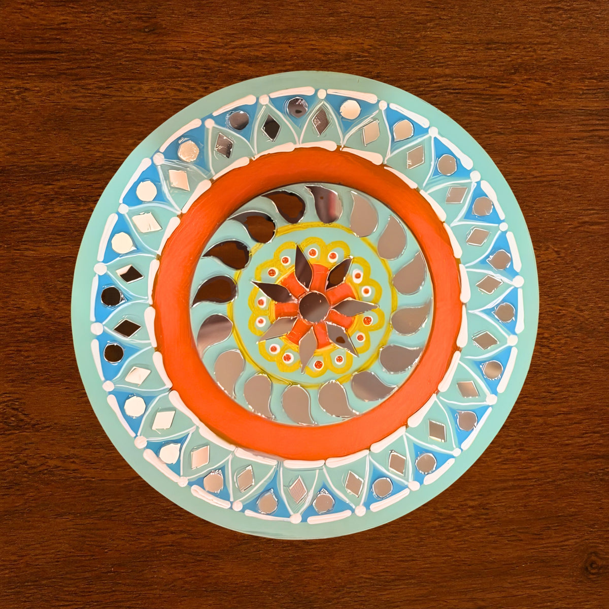 Hand-Painted 2-Layered MDF Tealight Coaster 6 Inch with Mirror Work - Diwali Decor, Diya Stand & Diwali Gift