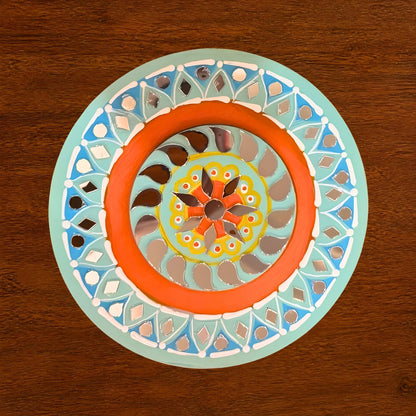 Hand-Painted 2-Layered MDF Tealight Coaster 6 Inch with Mirror Work - Diwali Decor, Diya Stand & Diwali Gift