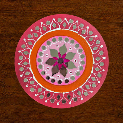 Hand-Painted 2-Layered MDF Tealight Coaster 6 Inch with Mirror Work - Diwali Decor, Diya Stand & Diwali Gift