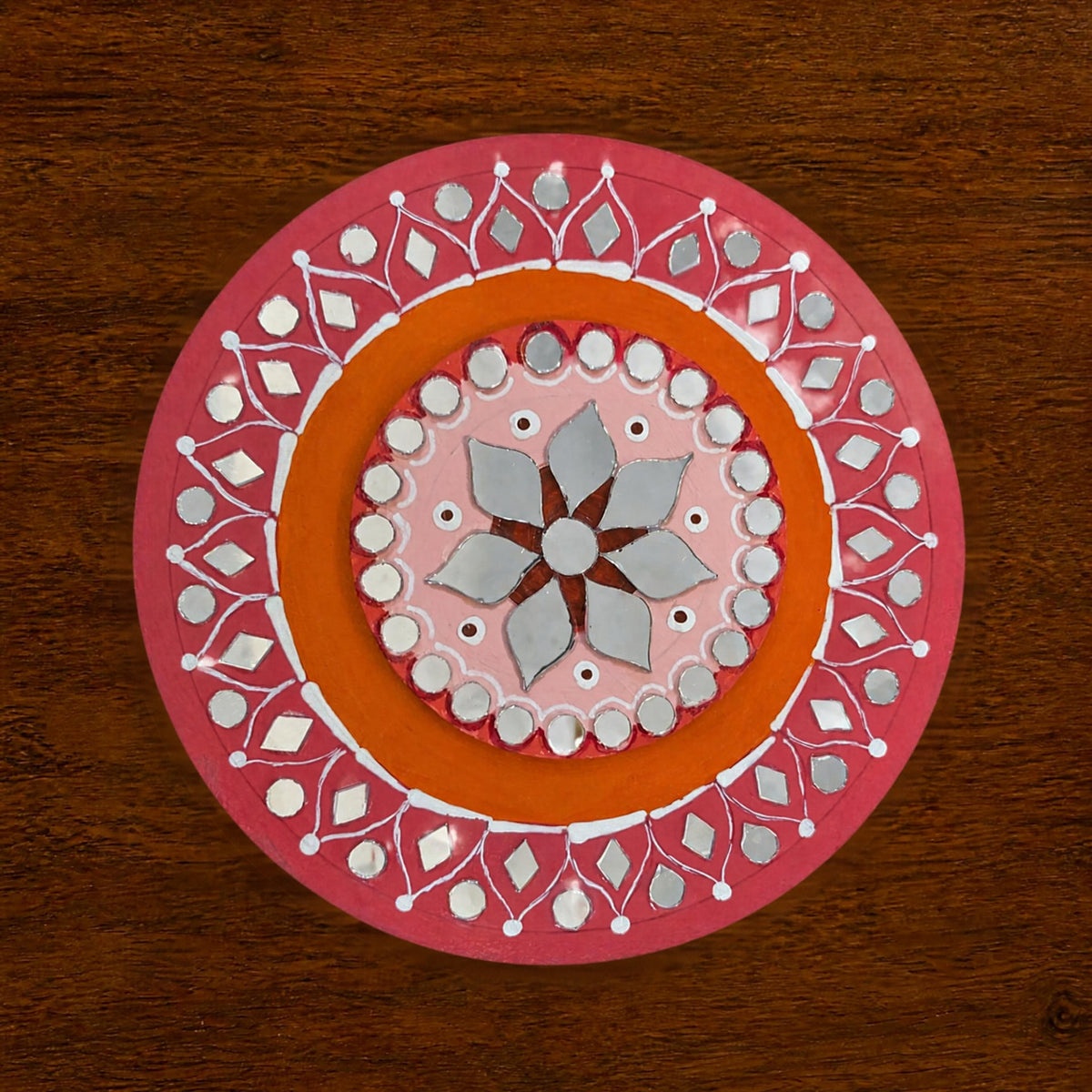 Hand-Painted 2-Layered MDF Tealight Coaster 6 Inch with Mirror Work - Diwali Decor, Diya Stand & Diwali Gift
