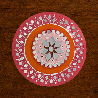 Hand-Painted 2-Layered MDF Tealight Coaster 6 Inch with Mirror Work - Diwali Decor, Diya Stand & Diwali Gift