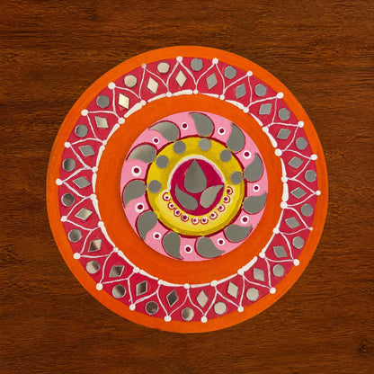Hand-Painted 2-Layered MDF Tealight Coaster 6 Inch with Mirror Work - Diwali Decor, Diya Stand & Diwali Gift