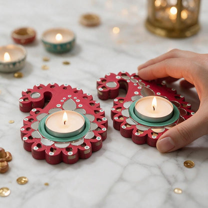 Paisley Shaped Tealight Holder - Hand-Painted with Mirror Work, Diwali Decor, Table & Pooja Decoration, Diwali Gift (Set of 2)