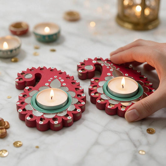 Paisley Shaped Tealight Holder - Hand-Painted with Mirror Work, Diwali Decor, Table & Pooja Decoration, Diwali Gift (Set of 2)