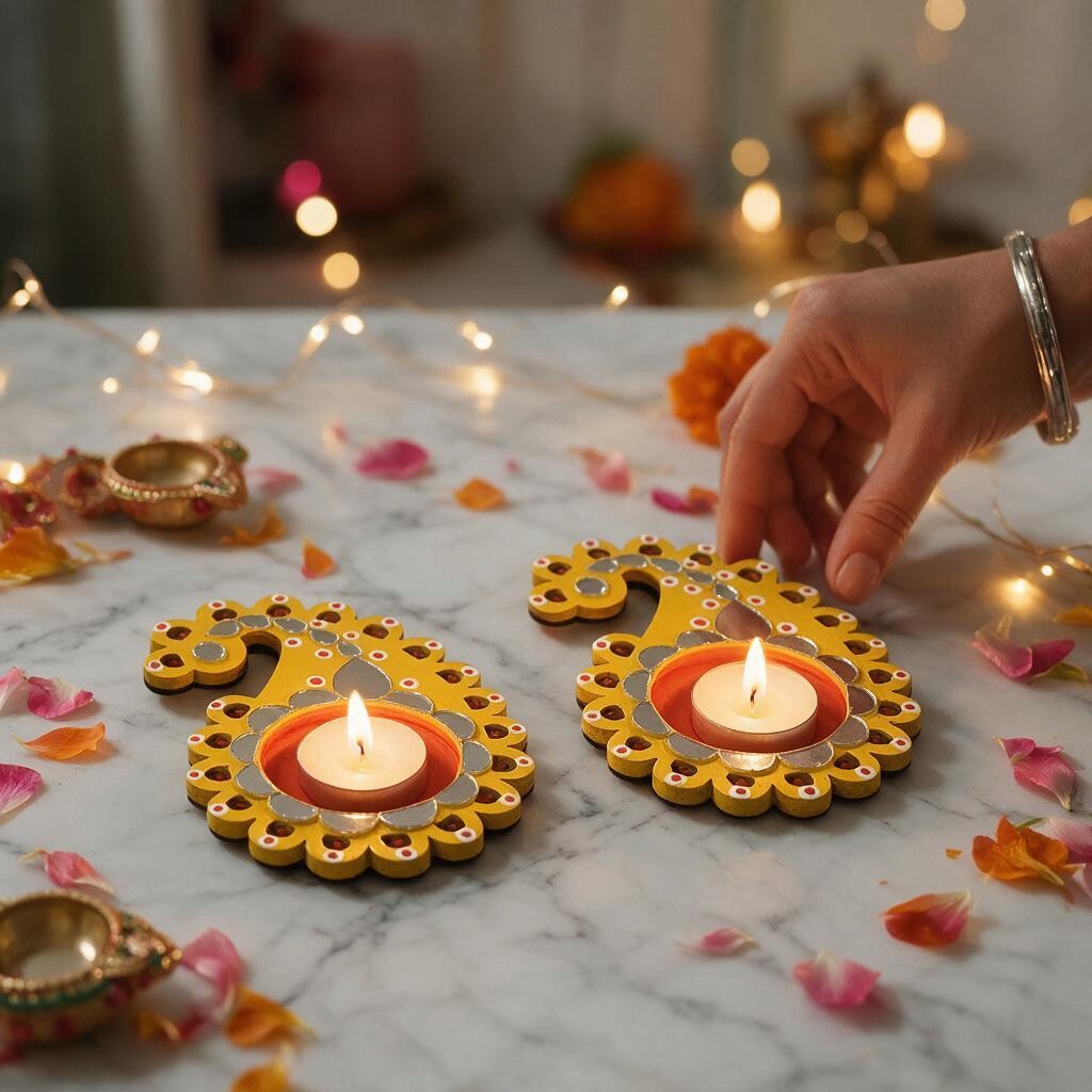 Paisley Shaped Tealight Holder - Hand-Painted with Mirror Work, Diwali Decor, Table & Pooja Decoration, Diwali Gift (Set of 2)