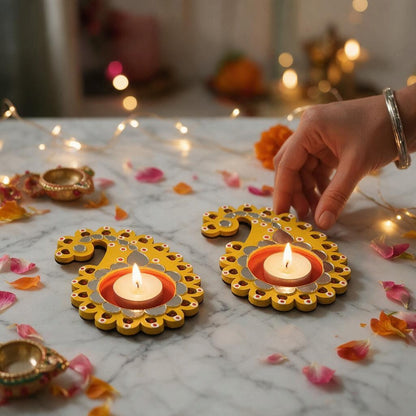 Paisley Shaped Tealight Holder - Hand-Painted with Mirror Work, Diwali Decor, Table & Pooja Decoration, Diwali Gift (Set of 2)
