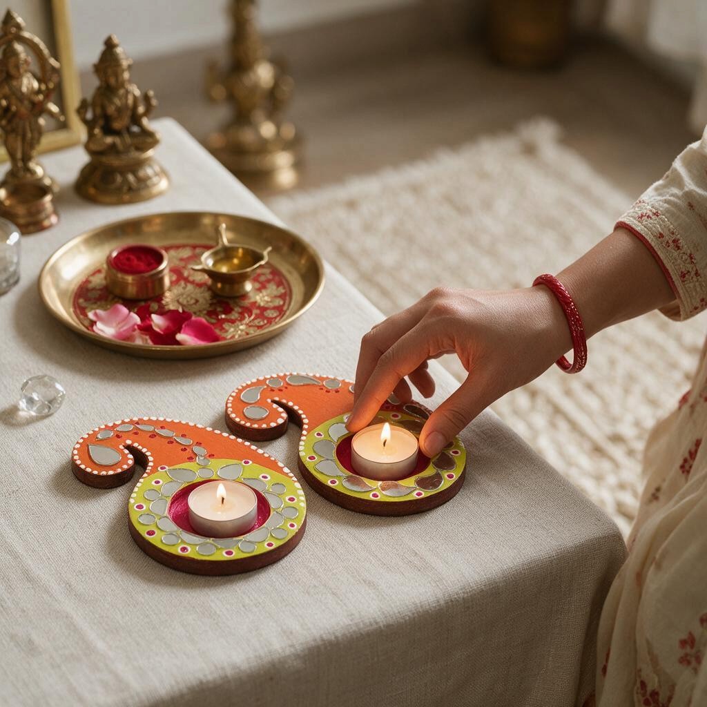 Paisley Shaped Tealight Holder - Hand-Painted with Mirror Work, Diwali Decor, Table & Pooja Decoration, Diwali Gift (Set of 2)