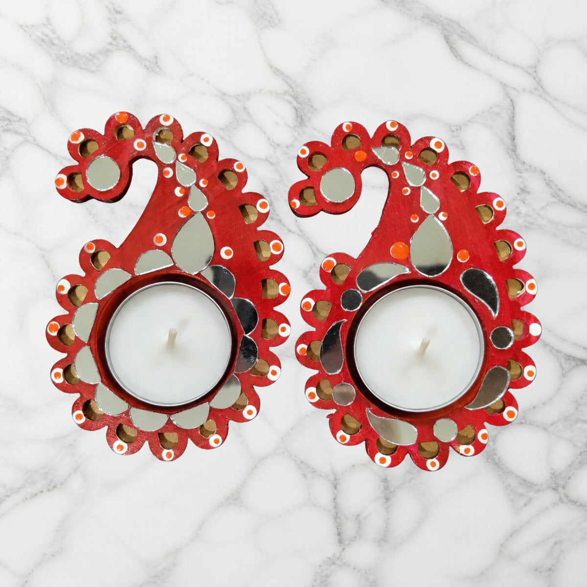 Paisley Shaped Tealight Holder - Hand-Painted with Mirror Work, Diwali Decor, Table & Pooja Decoration, Diwali Gift (Set of 2)