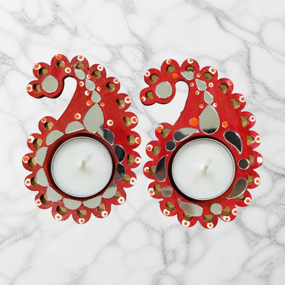 Paisley Shaped Tealight Holder - Hand-Painted with Mirror Work, Diwali Decor, Table & Pooja Decoration, Diwali Gift (Set of 2)