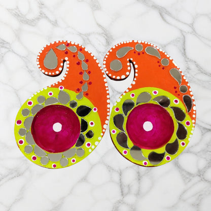 Paisley Shaped Tealight Holder - Hand-Painted with Mirror Work, Diwali Decor, Table & Pooja Decoration, Diwali Gift (Set of 2)
