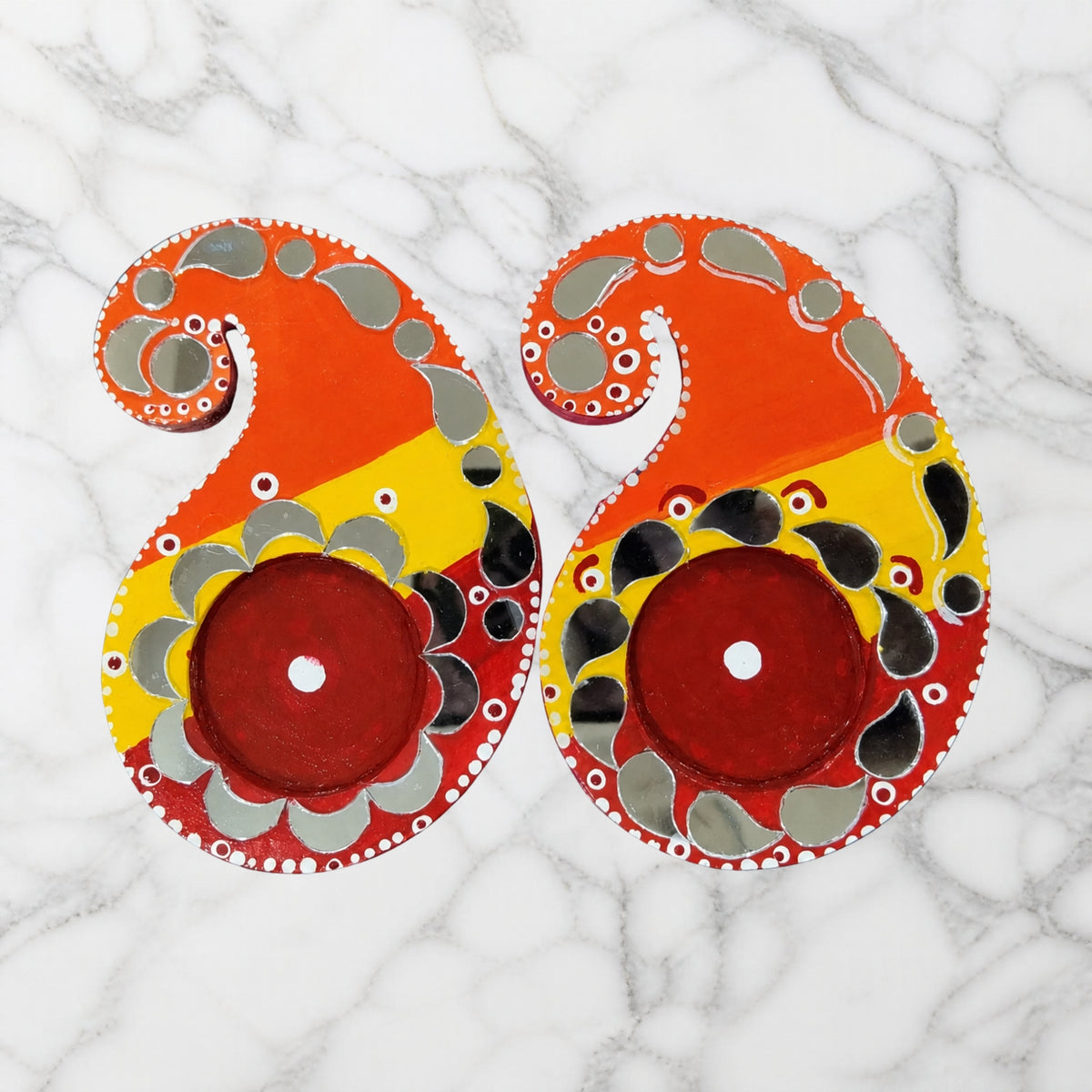 Paisley Shaped Tealight Holder - Hand-Painted with Mirror Work, Diwali Decor, Table & Pooja Decoration, Diwali Gift (Set of 2)