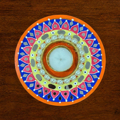 Diwali Tealight Holder Round 6 Inch | Hand-Painted with Mirror Work & Pearl Ring | Festive Home Decor, Diwali Decor, Pooja & Gifting