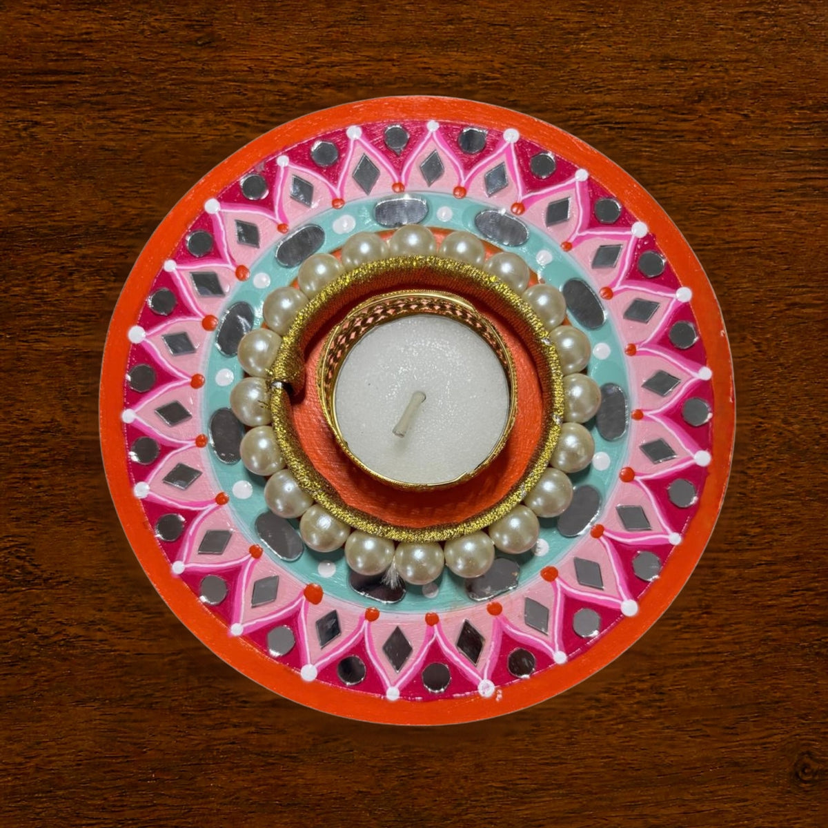 Diwali Tealight Holder Round 6 Inch | Hand-Painted with Mirror Work & Pearl Ring | Festive Home Decor, Diwali Decor, Pooja & Gifting