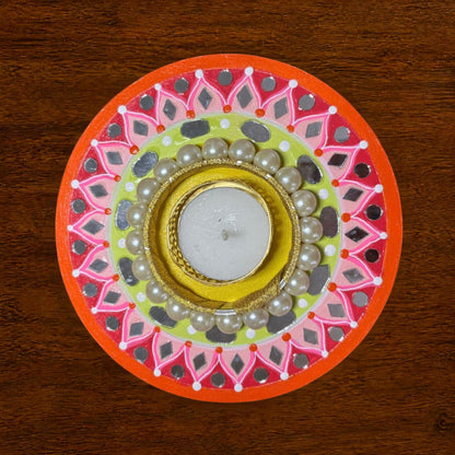 Diwali Tealight Holder Round 6 Inch | Hand-Painted with Mirror Work & Pearl Ring | Festive Home Decor, Diwali Decor, Pooja & Gifting