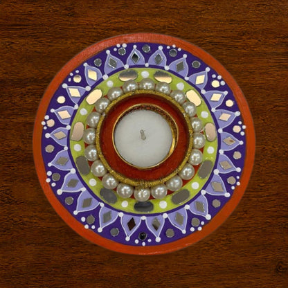 Diwali Tealight Holder Round 6 Inch | Hand-Painted with Mirror Work & Pearl Ring | Festive Home Decor, Diwali Decor, Pooja & Gifting